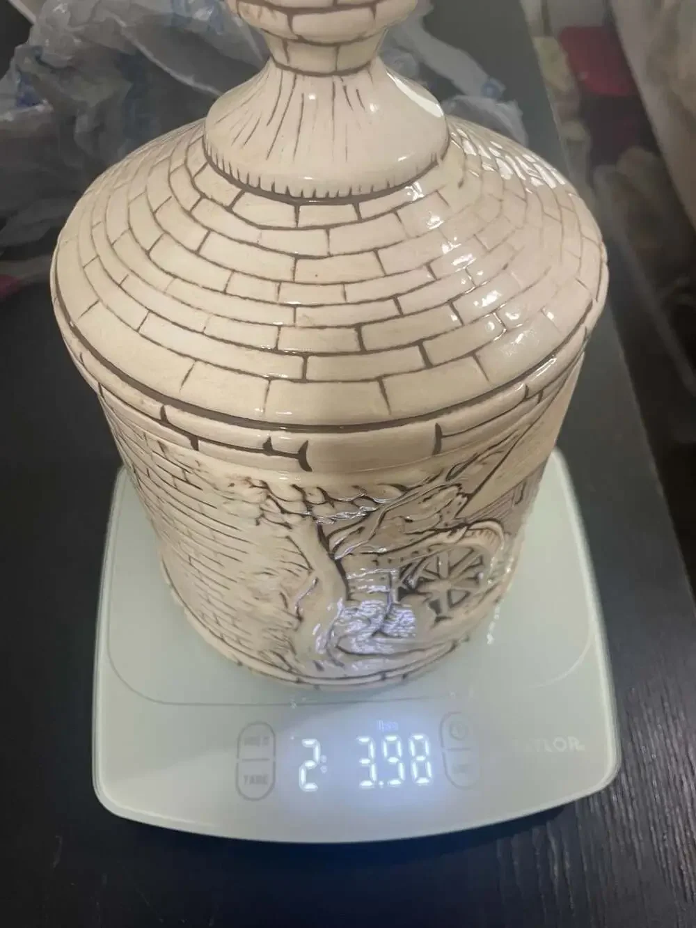 Vintage Ceramic Water Mill Embossed Cookie Jar